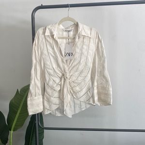 Zara cream and sheer detailed blouse, slight crop and bell sleeves size sm